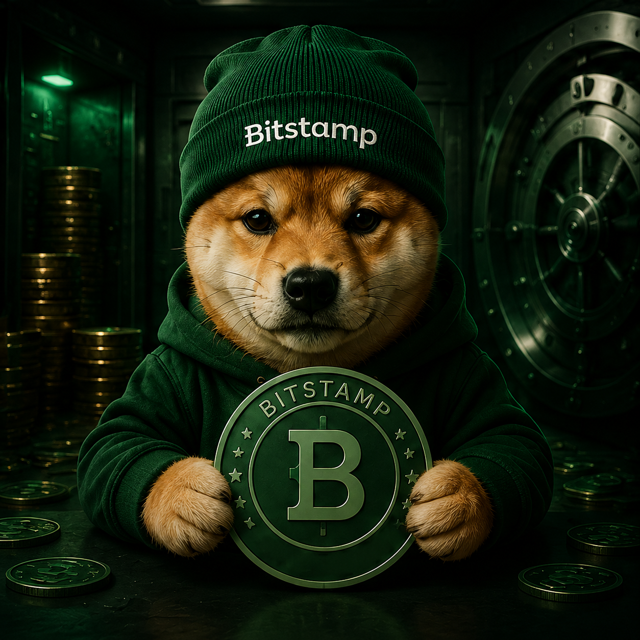 Bitstamp WIF shiba holding the coin